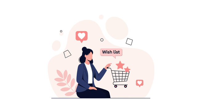 Woman Adding Items to Wish List Cart with Stars and Hearts Icons, Online Shopping Concept