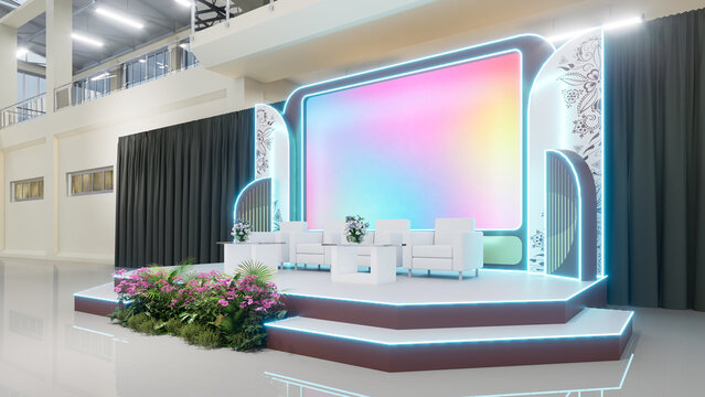 3D illustration of a modern event stage backdrop with LED screen and blank space for company logo or presentation. Futuristic stage design with traditional ornamental decoration, neon lighting, floral