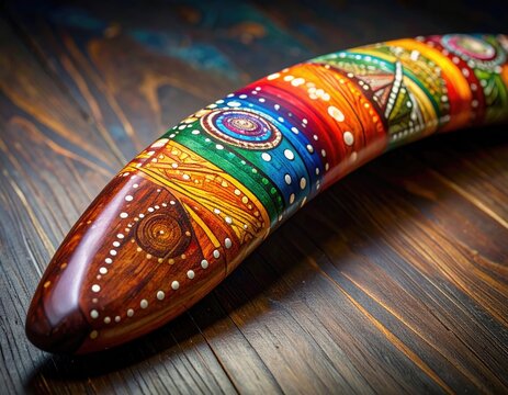 Curved, colorful, decorative artifact with intricate patterns rests on a wooden surface
