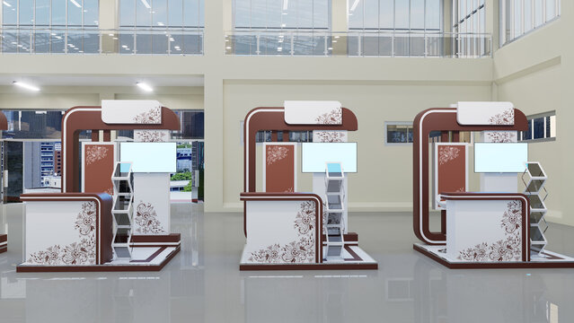 3D illustration stand booth 2x2 m with blank space for company logo. Futuristic and ornament design decoration with information table and TV screen. High resolution image.