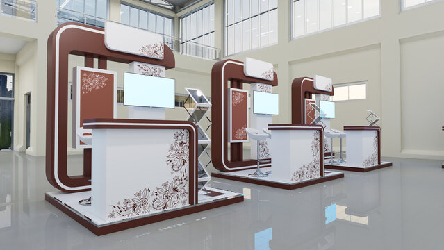 3D illustration stand booth 2x2 m with blank space for company logo. Futuristic and ornament design decoration with information table and TV screen. High resolution image.