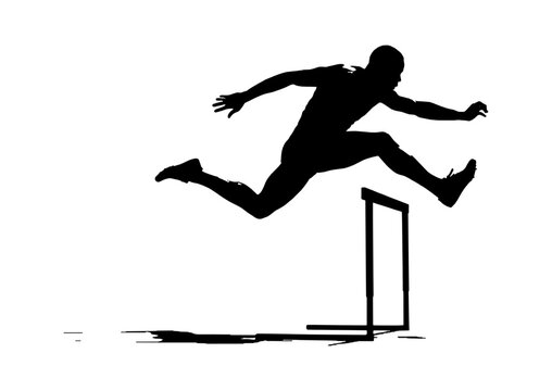 Silhouette of a male athlete jumping over a hurdle during a track and field race isolated on transparent background, Vector