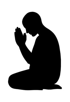 Black silhouette of a man kneeling and praying with hands together in a humble position isolated on transparent background, Vector