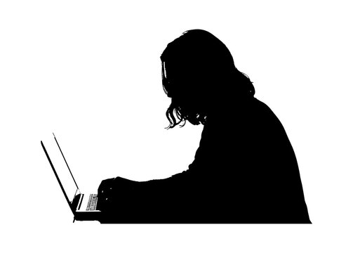 Silhouette of a person with long hair typing on a laptop computer isolated on transparent background, Vector