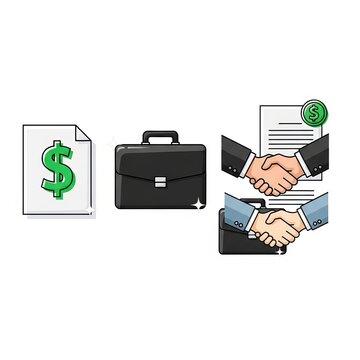 Business Deal Illustration - Money, Briefcase, and Handshake Agreement.