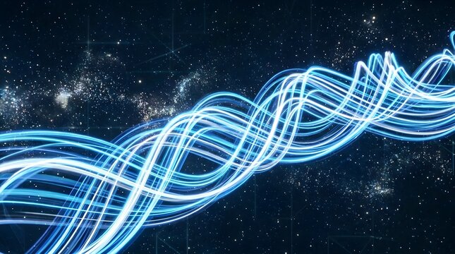 Abstract AI Technology visualized as glowing blue data transmission strands in deep space galaxy
