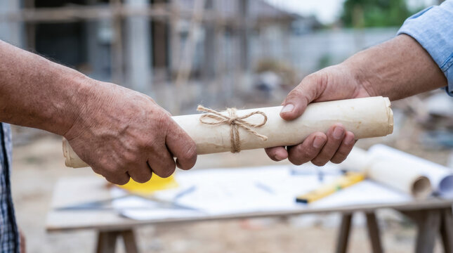 Construction plan handover collaboration between worker and worker at building site