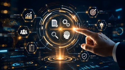 Fototapeta premium Business strategy analytics dashboard concept with executive hand touching glowing virtual interface featuring artificial intelligence and management icons