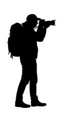 Naklejka premium Black silhouette of a male photographer standing with a backpack and holding a camera taking a picture isolated on transparent background, Vector