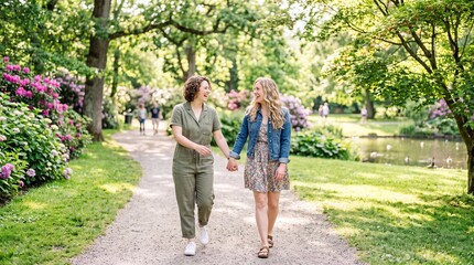 Obraz premium Happy young lesbian couple walking hand in hand through a sunny park