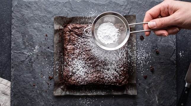 Hand dusting chocolate brownie with powdered sugar on slate