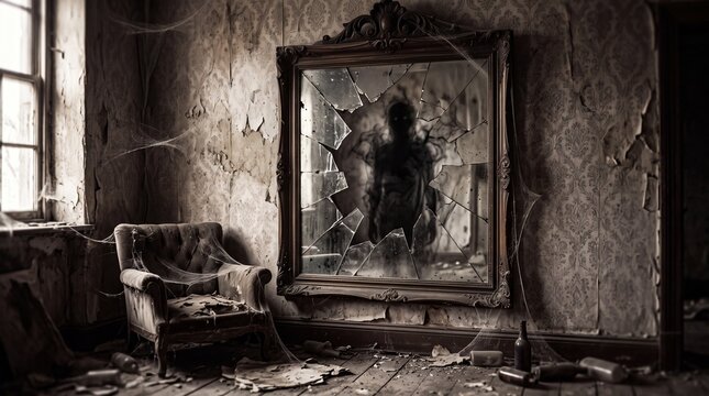 Spooky shadow figure reflected in a shattered antique mirror