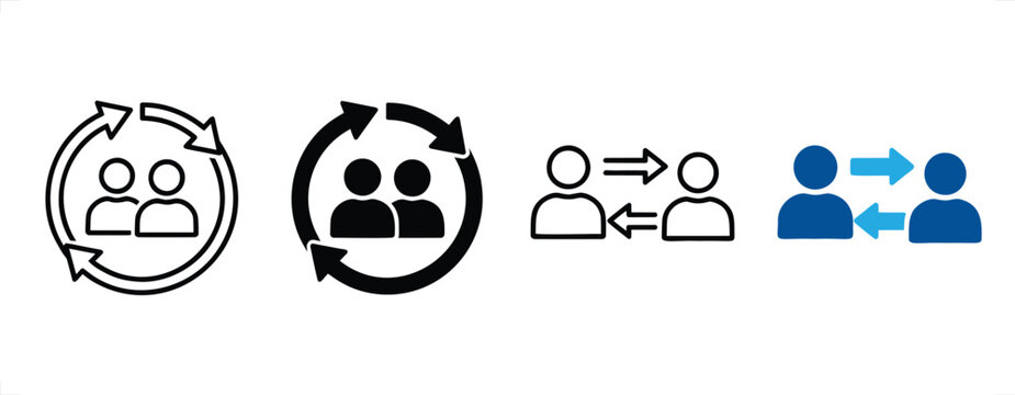 Teamwork exchange cycle icons during collaboration with bidirectional arrows in flat vector illustration style