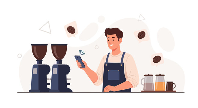 Barista using smartphone to control coffee grinders, smart cafe concept, modern coffee shop technology
