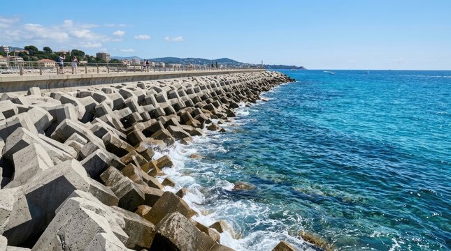 Concrete tetrapod breakwater along blue ocean coastline.