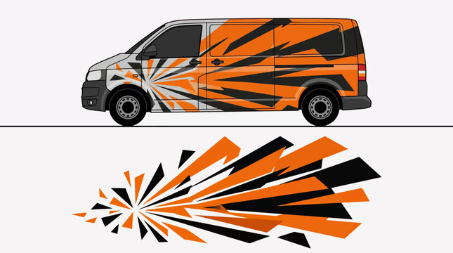 Orange and black sunburst explosion van decal design.