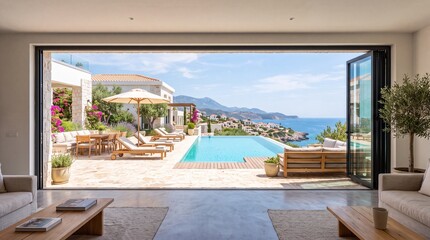 Obraz premium Luxury villa interior with open doors to an infinity pool and sea