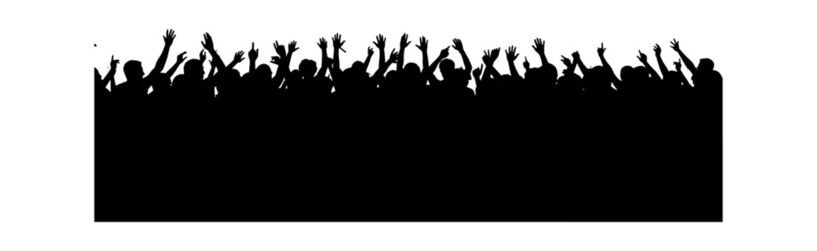 Black silhouette of a large crowd of people cheering with their hands raised up in the air at a music concert or festival event isolated on transparent background, Vector