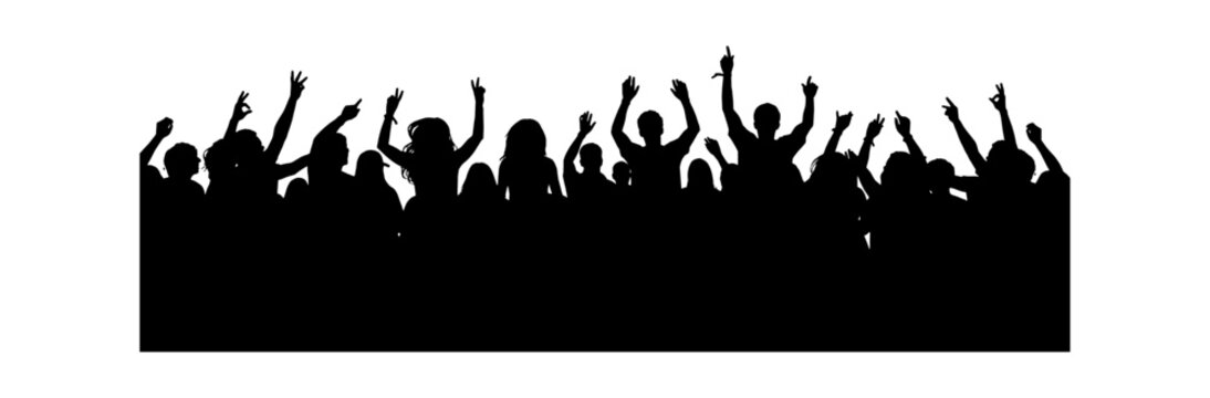 Black silhouette of a large cheering crowd of people at a music concert with hands raised up in the air isolated on transparent background, Vector