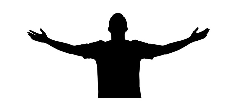Silhouette of a man standing with arms wide open expressing freedom and success isolated on transparent background, Vector