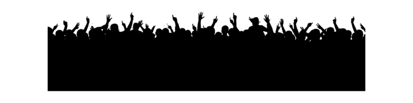 Silhouette of a large crowd of people with hands raised up at a music concert or festival isolated on transparent background, Vector