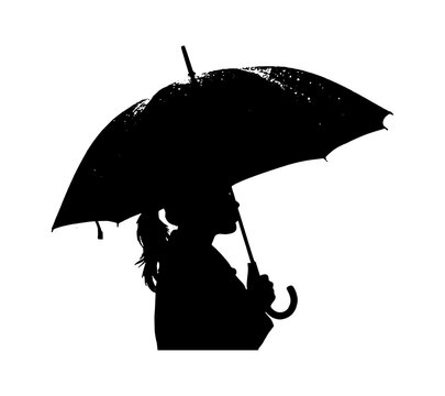 Black silhouette of a young woman holding an umbrella during a rainy day isolated on transparent background, Vector
