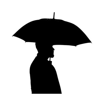 Black silhouette of a man standing under an open umbrella isolated on transparent background, Vector
