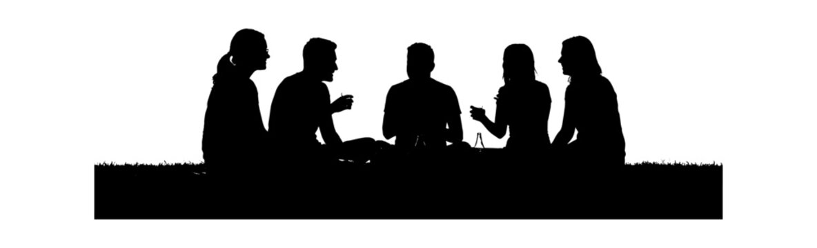 Black silhouette of a diverse group of five friends sitting together and talking outdoors in the park during a sunny summer day isolated on transparent background, Vector