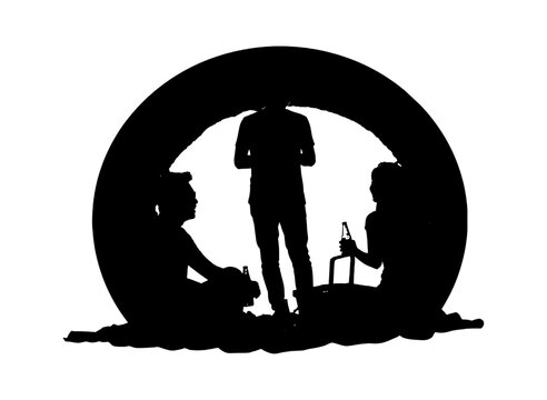 Black silhouette of three friends having a picnic together inside a circular frame isolated on transparent background, Vector