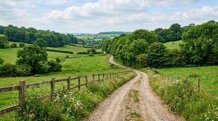 Obraz premium Country dirt road through green fields and wooden fence.