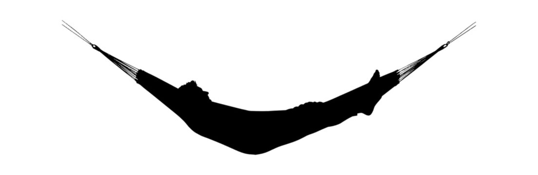 Black silhouette of a person resting comfortably in a hanging fabric hammock isolated on transparent background, Vector