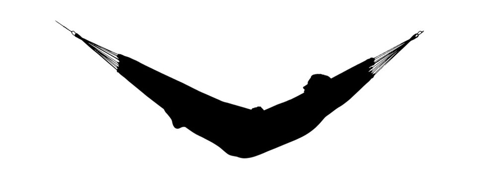 Black silhouette of a person resting and relaxing in a comfortable hanging hammock isolated on transparent background, Vector