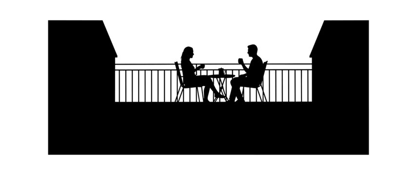 Silhouette of a man and woman sitting at a table on a balcony having coffee and talking together isolated on transparent background, Vector