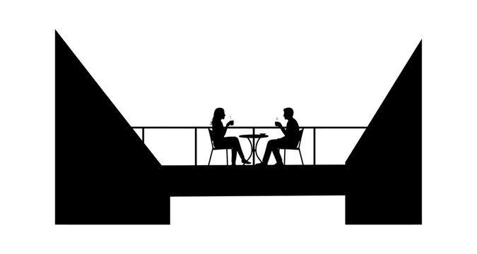 Silhouette of a man and a woman sitting at a table on a balcony having a romantic dinner together isolated on transparent background, Vector
