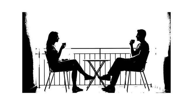 Silhouette of a man and woman drinking coffee and talking while sitting on a balcony isolated on transparent background, Vector