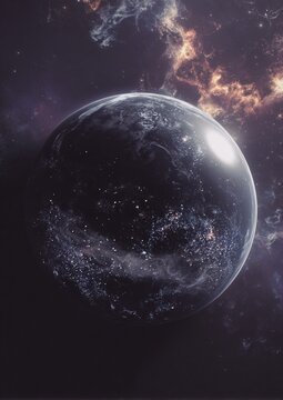 Mysterious planet amidst cosmic clouds, a celestial sphere in deep space.