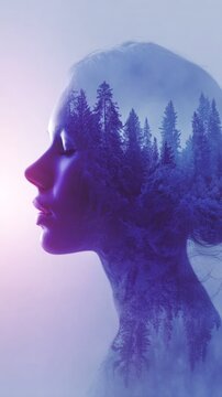 Harmony of nature and thought: a serene vision. Retro futurism. Double exposure portrait: woman and nature in perfect harmony. Modern graphics. Abstract neon.