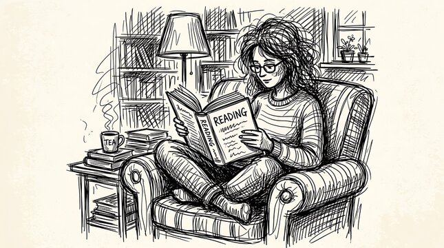 Cozy sketch of a young woman sitting in a comfortable armchair reading a book in a library at home