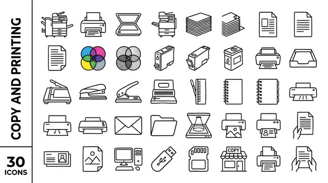 Flat line icons set of copy and printing office equipment
