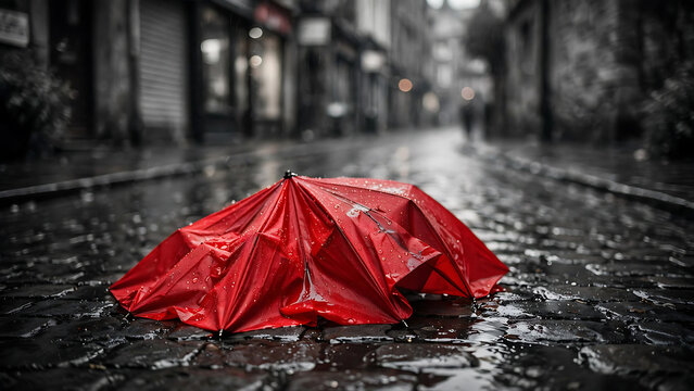 Red umbrella on wet cobblestone street. Abandoned parasol in rainy city weather.