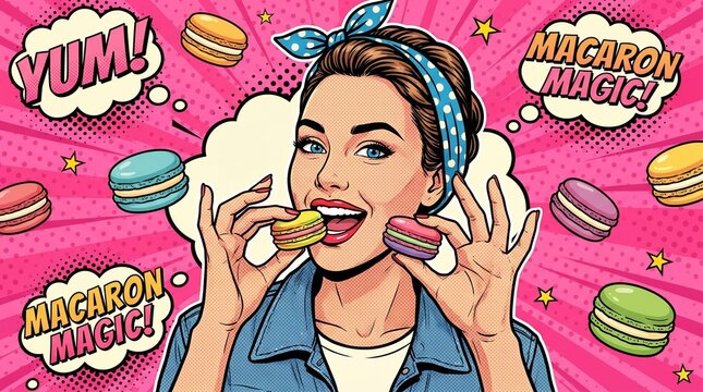 Playful woman eating macarons on pink pop art background