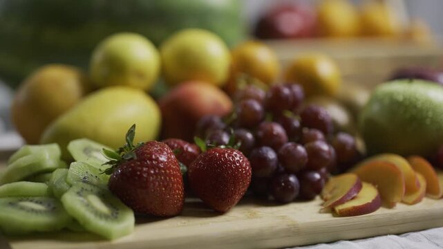 Cluster of various fruit on cutting board in kitchen - closeup shot