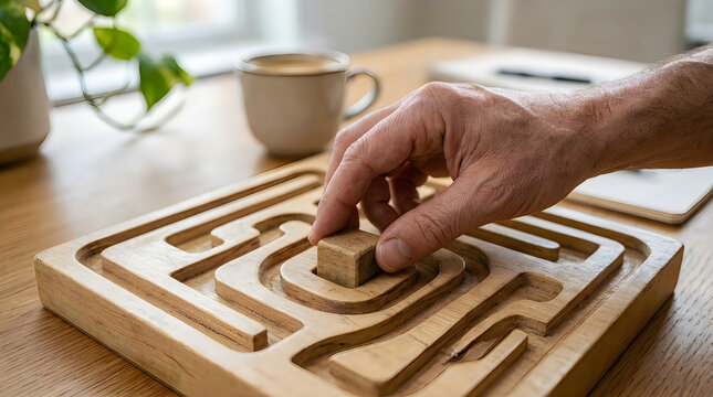 Toy dinosaur walking on wooden maze board