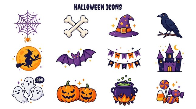 Set of cute halloween icons isolated on white background