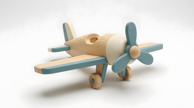 Wooden toy airplane with blue wings and propeller for kids isolated on a plain white background