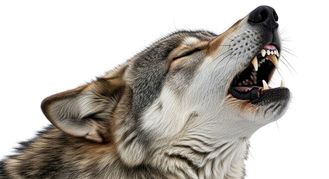 Close-up of a majestic gray wolf howling with mouth open on a white background.