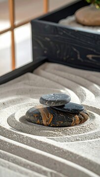 Stacked, marbled stones rest on raked sand in a serene minimalist garden