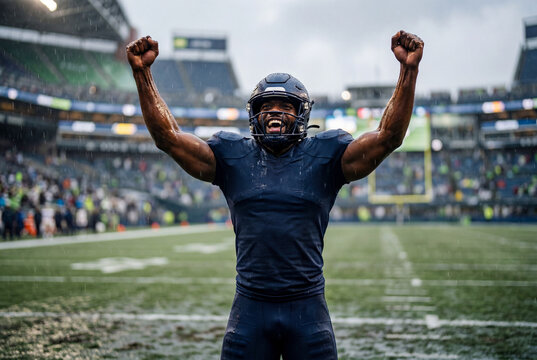 Football player celebrating victory with raised arms in rainy stadium