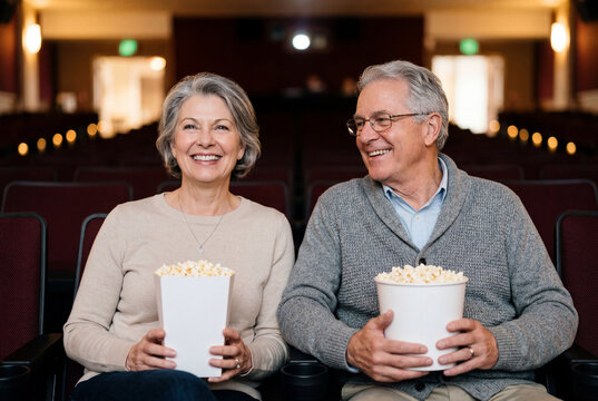 Smiling senior couple eating popcorn in movie theater