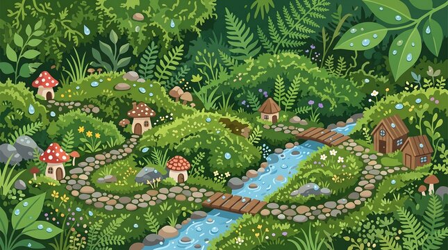 Magical fairy village in lush green forest flat style illustration